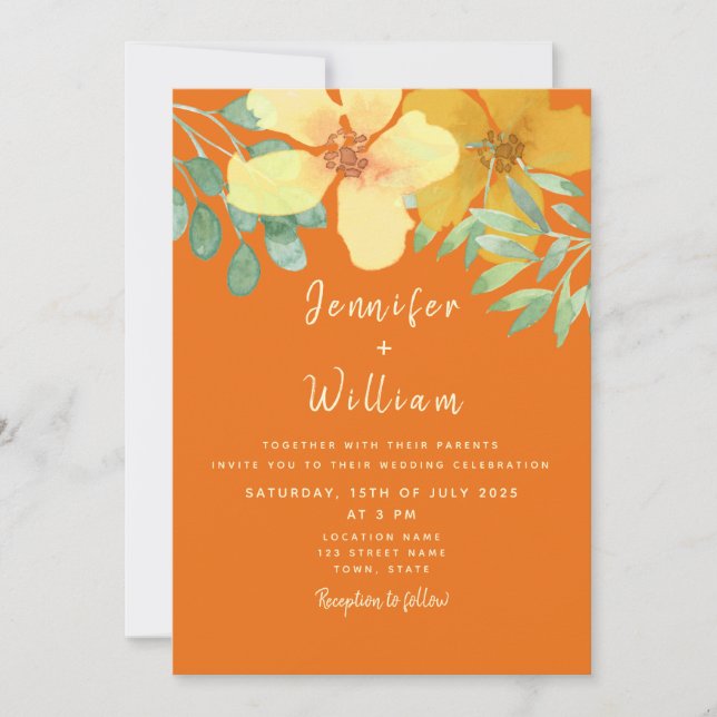Convite Casamento Floral Laranja Boho (Frente)