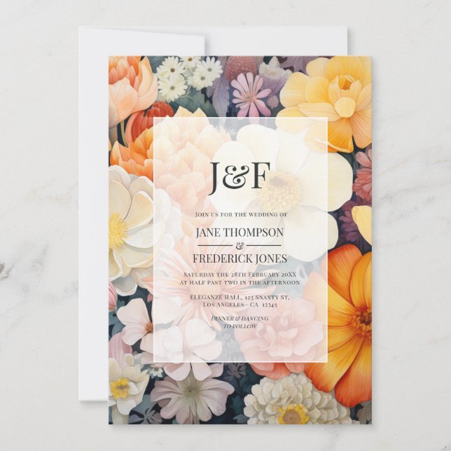 Convite Casamento Floral Laranja, Branco e Dourado (Frente)
