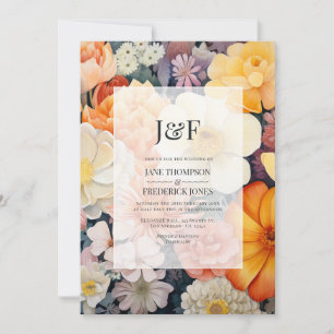 Convite Casamento Floral Laranja, Branco e Dourado