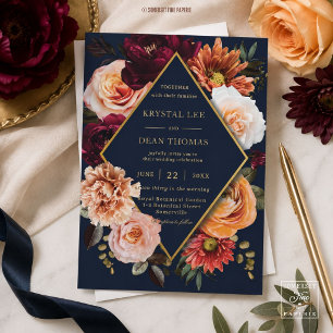 Convite Casamento Floral Laranja Burgundy Escuro Naval Som