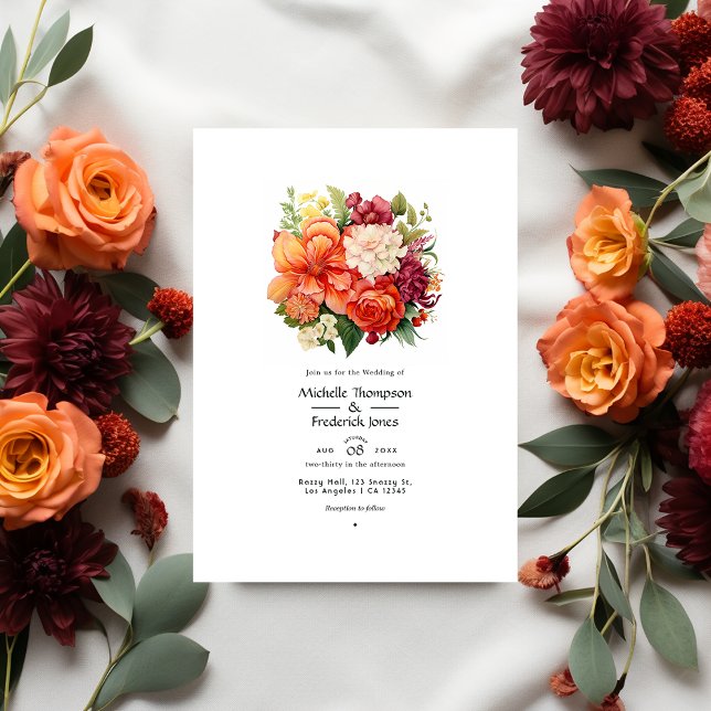Convite Casamento Floral Laranja, Cranberry e Verde (Criador carregado)