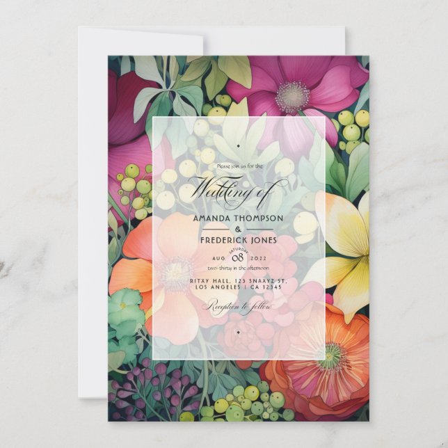 Convite Casamento Floral Laranja, Cranberry e Verde (Frente)