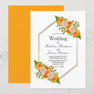 Convite Casamento Floral Laranja Dourado Geométrico Modern
