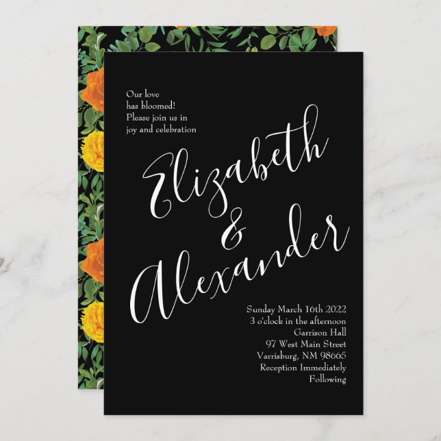 Convite Casamento Floral Laranja e Gótico Negra (Frente/Verso)