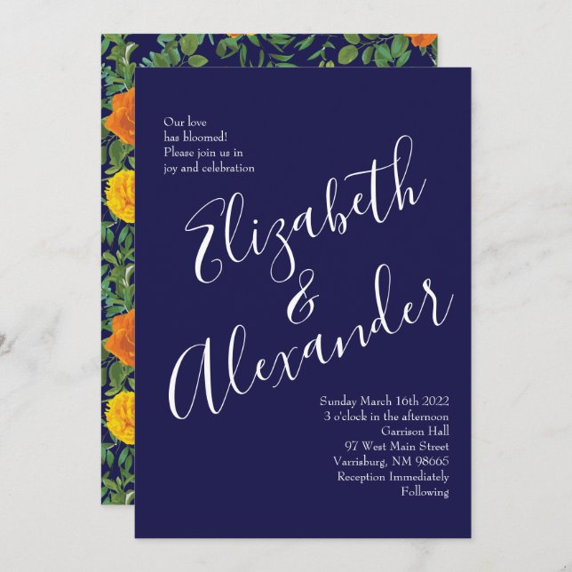 Convite Casamento Floral Laranja e Marinho Azul (Frente/Verso)