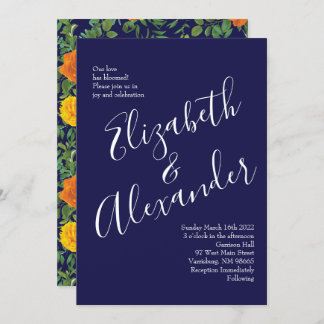 Convite Casamento Floral Laranja e Marinho Azul