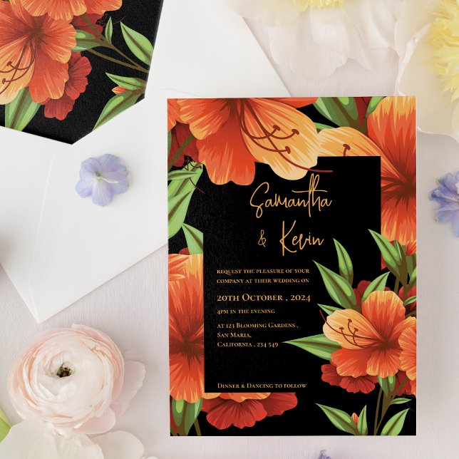 Convite Casamento Floral Laranja Elegante Escuro (Dark Moody Elegant Orange Floral Wedding Invitation)