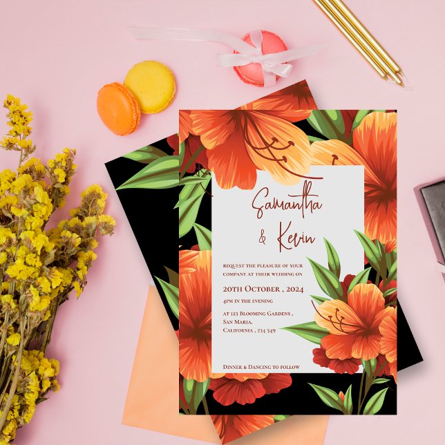 Convite Casamento Floral Laranja Elegante Escuro (Dark Moody Elegant Orange Floral Wedding Invitation)