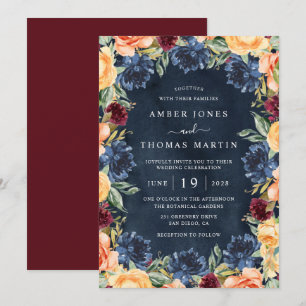 Convite Casamento Floral Laranja Queimada Burgundy Marinho