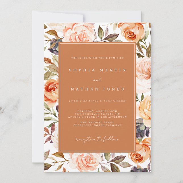 Convite Casamento Floral Laranja Queimada de Outono (Frente)