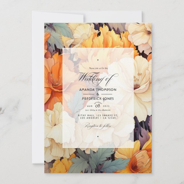 Convite Casamento Floral Laranja Queimada e Creme (Frente)