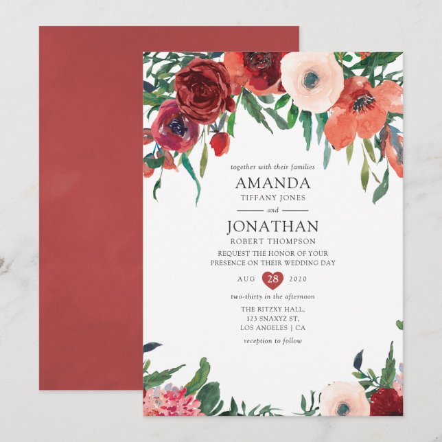 Convite Casamento Floral Laranja Queimado e Bege (Frente/Verso)