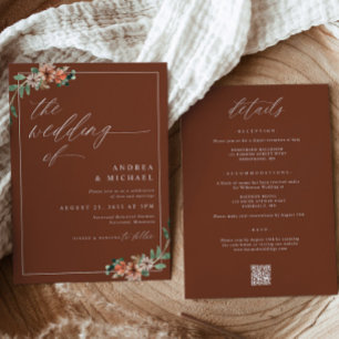 Convite Casamento Floral Laranja Queimado e Esmeralda