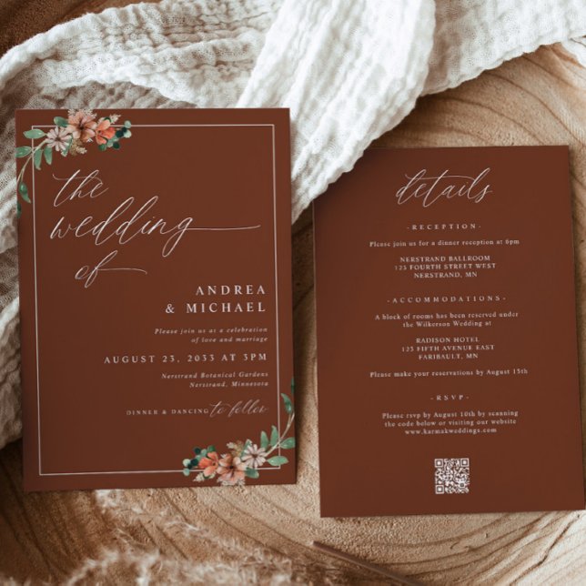 Convite Casamento Floral Laranja Queimado e Esmeralda (Emerald, Rust and Burnt Orange Floral Wedding Invitations for Fall or Winter Wedding)