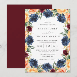Convite Casamento Floral Laranja Queimado Marinho Borgonha