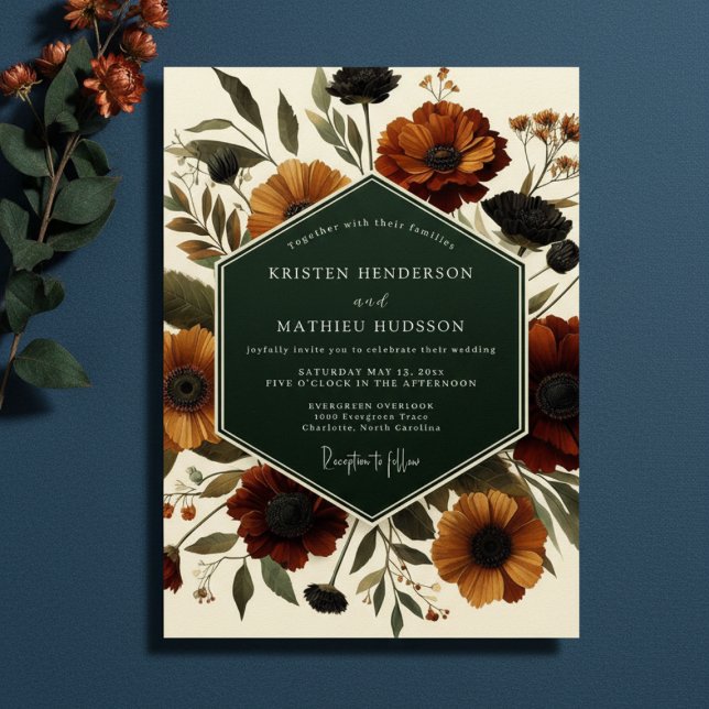 Convite Casamento Floral Laranja Queimado na Floresta (Criador carregado)