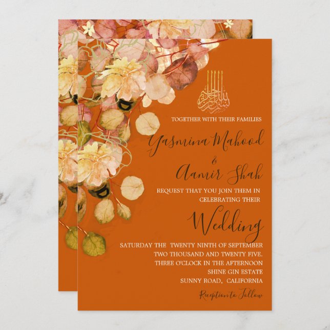 Convite Casamento Floral Laranja Queimado pelo Bismillah I (Frente/Verso)
