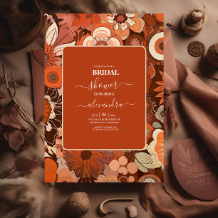 Convite Casamento floral laranja queimado Retro Groovy
