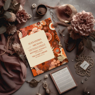 Convite Casamento floral laranja queimado Retro Groovy