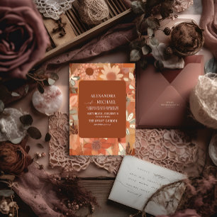 Convite Casamento floral laranja queimado Retro Groovy