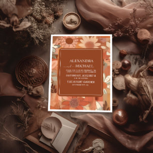 Convite Casamento floral laranja queimado Retro Groovy