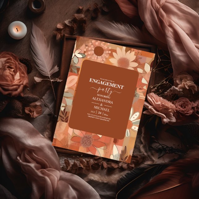 Convite Casamento floral laranja queimado Retro Groovy (Criador carregado)