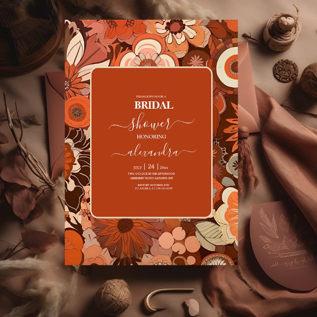 Convite Casamento floral laranja queimado Retro Groovy (Criador carregado)