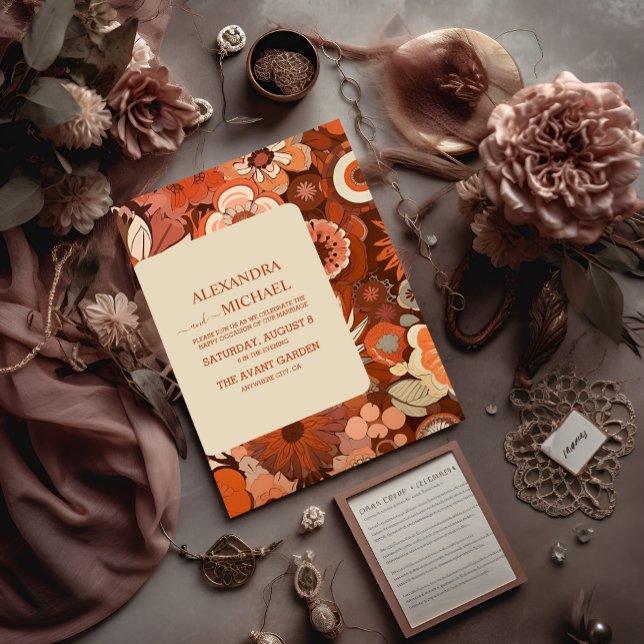 Convite Casamento floral laranja queimado Retro Groovy (Criador carregado)
