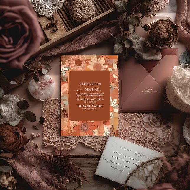 Convite Casamento floral laranja queimado Retro Groovy (Criador carregado)