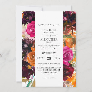 Convite Casamento Floral Laranja, Rosa Quente e Púrpura