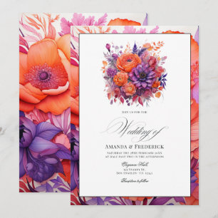 Convite Casamento Floral Laranja, Rosa Quente e Roxo Real