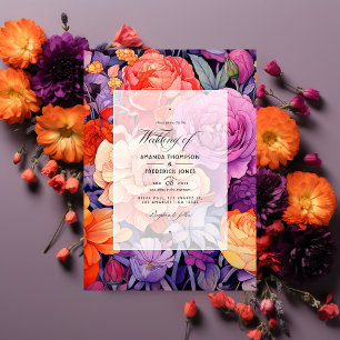 Convite Casamento Floral Laranja, Rosa Quente e Roxo Real