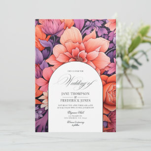 Convite Casamento Floral Laranja, Rosa Vibrante e Roxo Rea