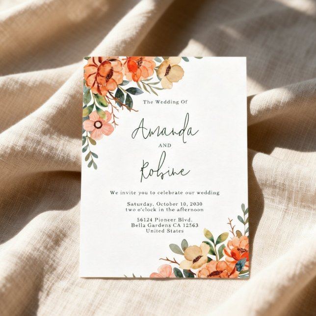 Convite Casamento Floral Laranja Rústico (Criador carregado)
