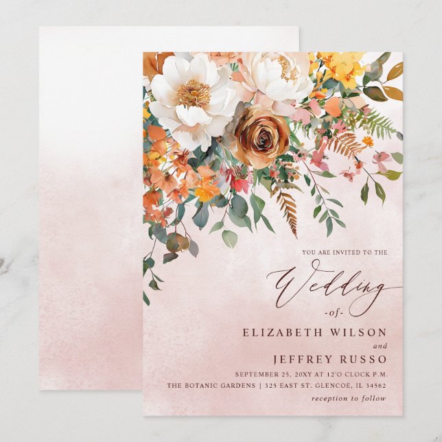 Convite Casamento Floral Laranja Rústico de Outono (Frente/Verso)
