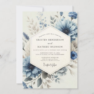 Convite Casamento Floral Lavado em Azul Desbotado