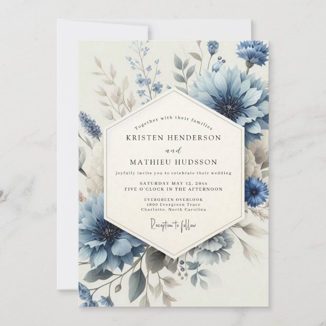 Convite Casamento Floral Lavado em Azul Desbotado (Frente)