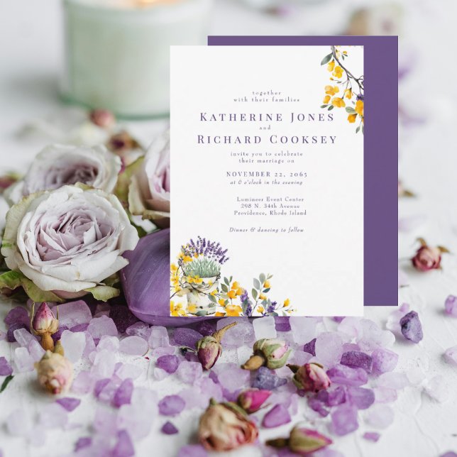 Convite Casamento Floral Lavanda & Amarelo Sem Pais (Criador carregado)