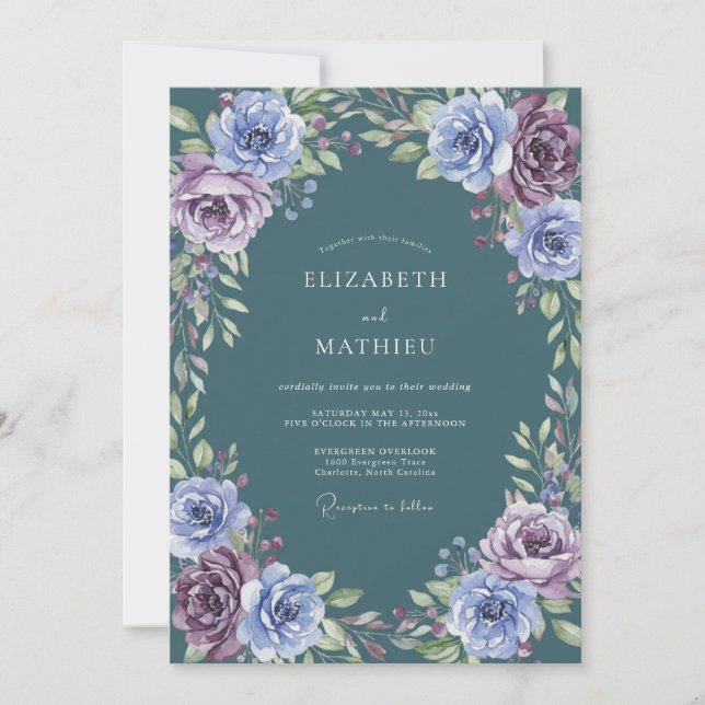 Convite Casamento Floral Lavanda Azul Esverdeado Profundo (Frente)
