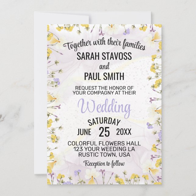 Convite Casamento Floral Lavanda e Amarelo de Flores Silve (Frente)