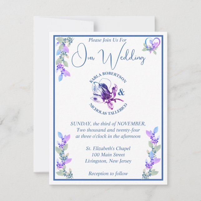 Convite Casamento Floral Lavanda e Azul (Frente)