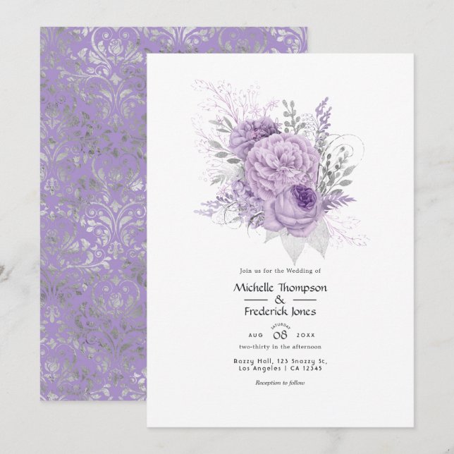 Convite Casamento Floral Lavanda e Prata (Frente/Verso)