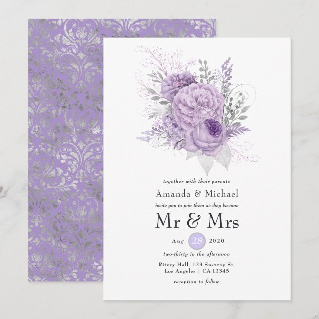 Convite Casamento Floral Lavanda e Prata (Frente/Verso)