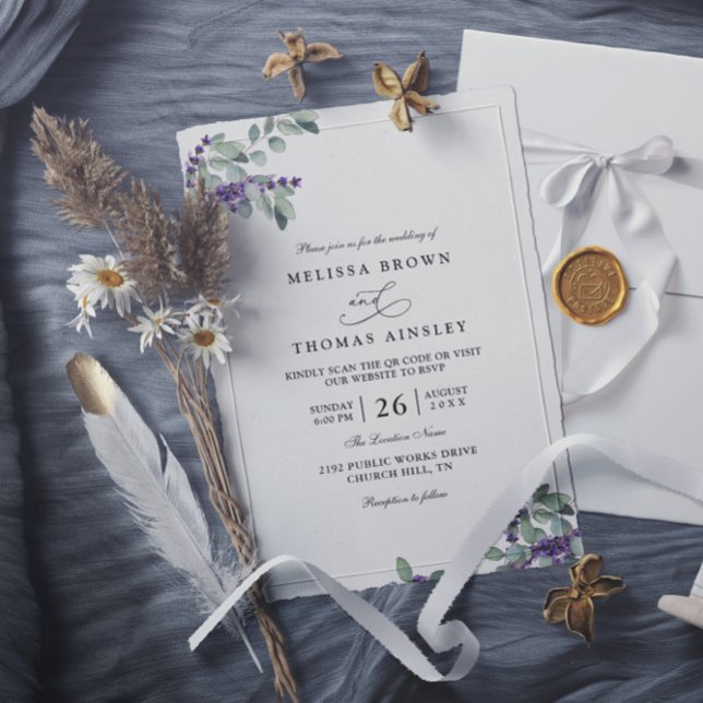 Convite Casamento Floral Lavanda Elegante Moderno Código Q (Criador carregado)