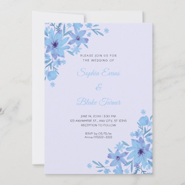 Convite Casamento Floral Lavanda Flores Azuis Românticas (Frente)