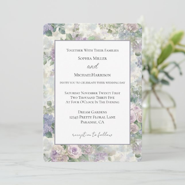 Convite Casamento Floral Lavanda Roxa Romântico (Em pé/Frente)