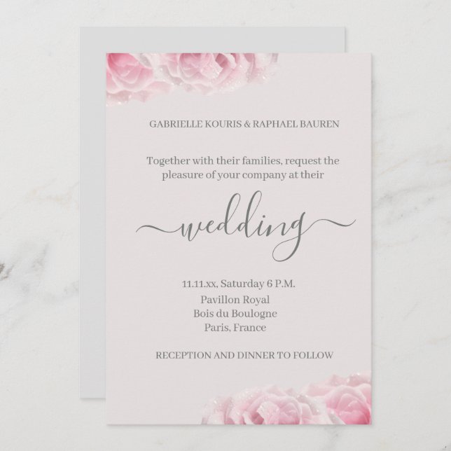 Convite Casamento Floral Legante De Cinza Rosa Rosa Rosa C (Frente/Verso)