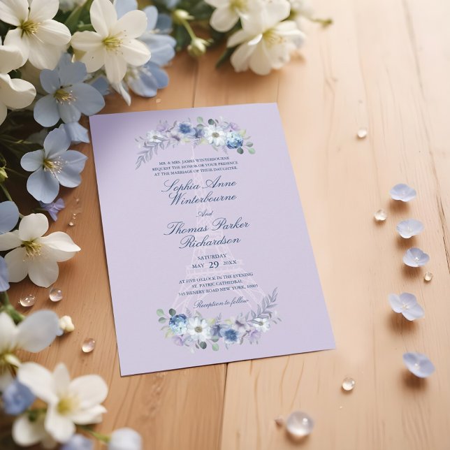Convite Casamento Floral Lilac da Torre Eiffel de Paris (Paris Eiffel Tower Watercolor Floral Lilac Wedding Invitation)