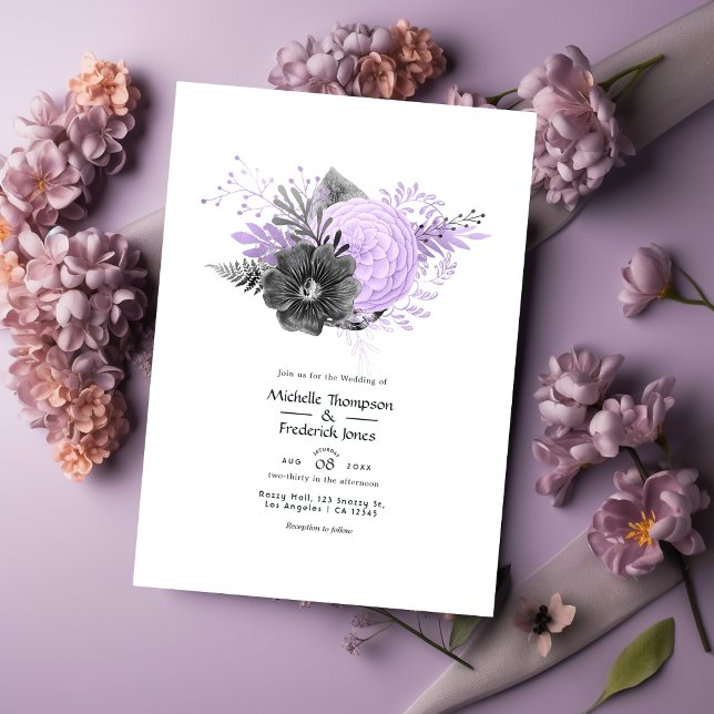 Convite Casamento Floral Lilás e Carvão (Criador carregado)