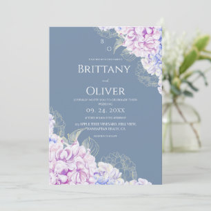 Convite Casamento Floral Lilás Moderno & Azul Sujo